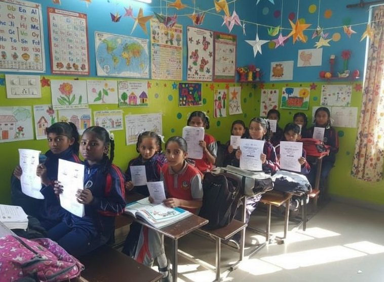Students holding up their work in a decorated classroom